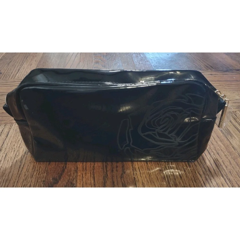 Lancome Black Faux Leather Makeup Bag Rose Design Toiletry Pouch Travel Case